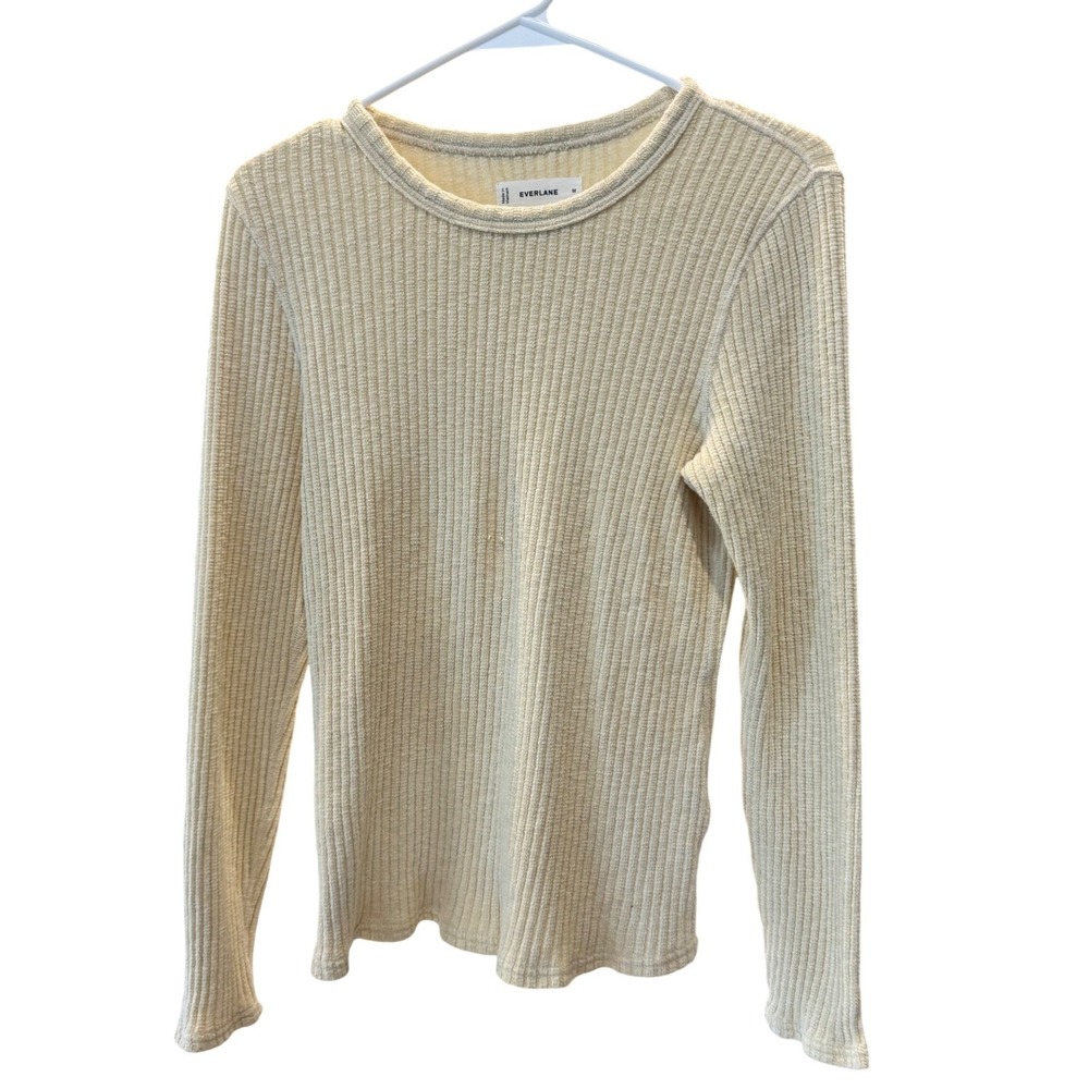 EVERLANE pale buttery yellow Ribbed Long Sleeve Crew Neck Top size M READ